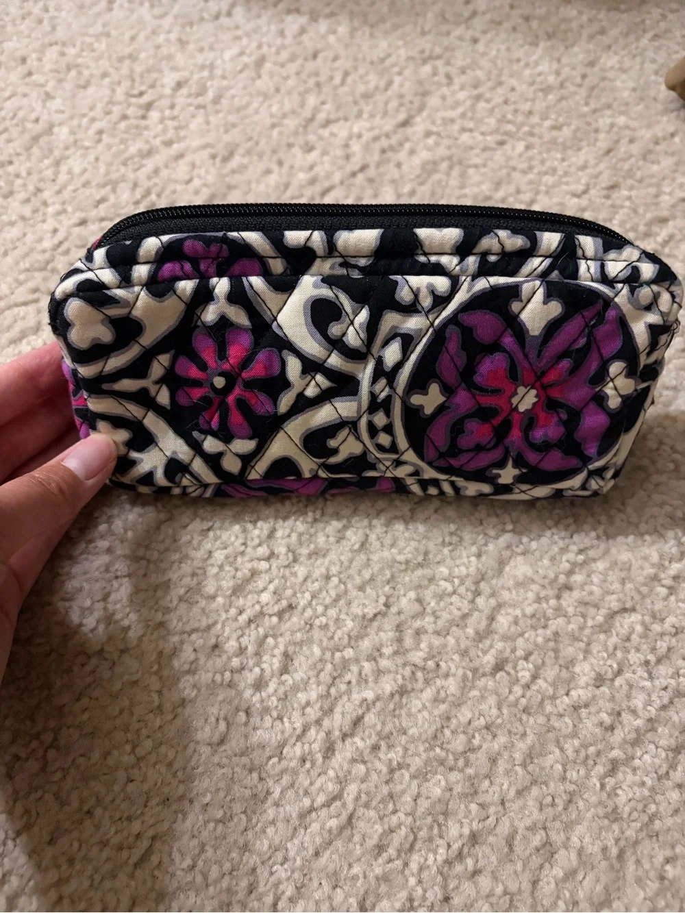 Vera Bradley Quilted Cosmetic Pouch in Black, White & Purple Floral